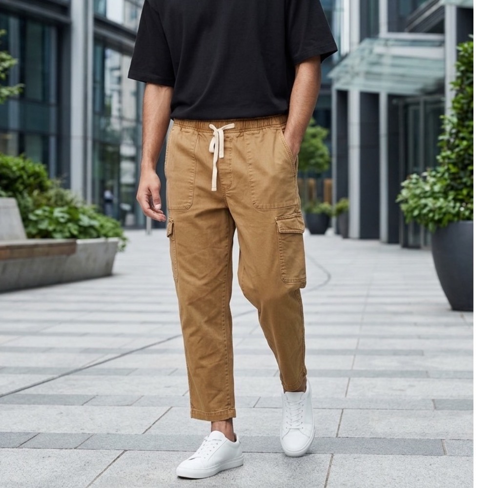 Gap Denim Easy Jean Cargo Pants Mens L Tan Cotton Elastic Drawstring Waist Y2K